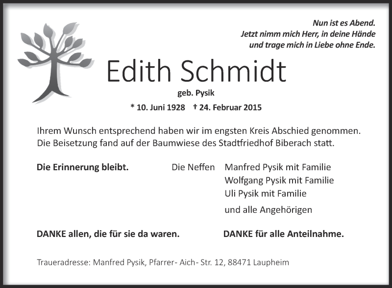  Traueranzeige für Edith Schmidt vom 07.03.2015 aus Schwäbische Zeitung