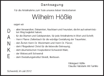 Anzeige von Wilhelm Hößle von Schwäbische Zeitung