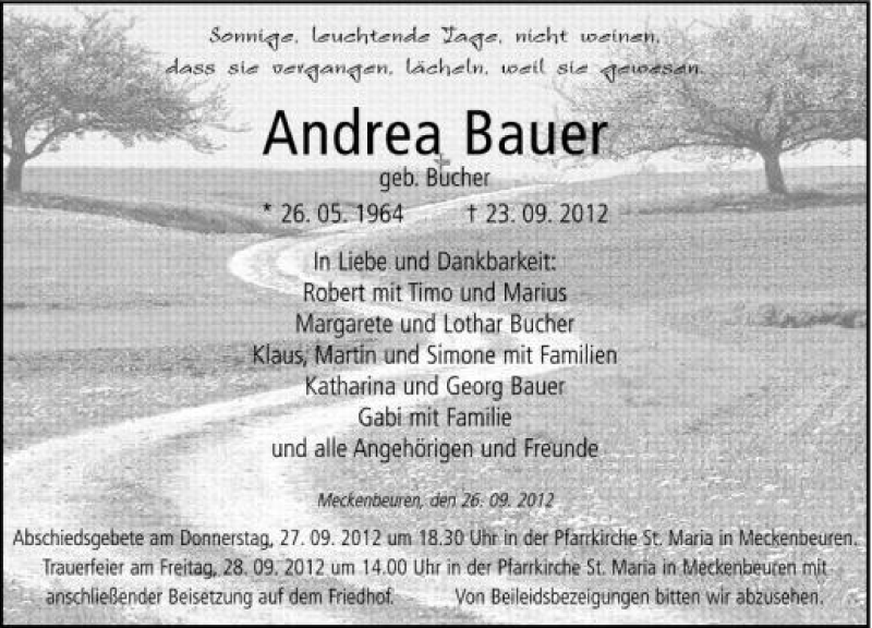  Traueranzeige für Andrea Bauer vom 26.09.2012 aus Schwäbische Zeitung