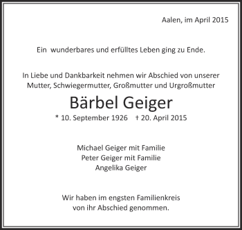 Anzeige von Bärbel Geiger von Schwäbische Zeitung