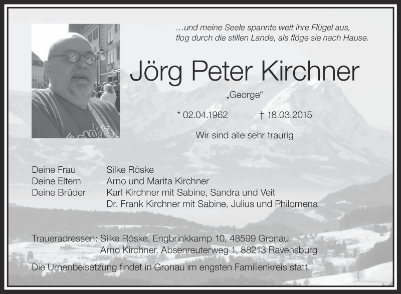  Traueranzeige für Jörg Peter Kirchner vom 21.03.2015 aus Schwäbische Zeitung