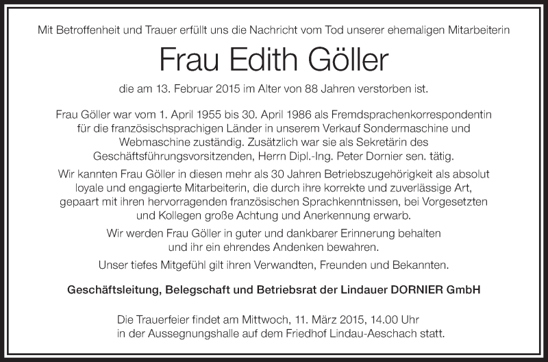 Traueranzeige für Edith Göller vom 28.02.2015 aus Schwäbische Zeitung