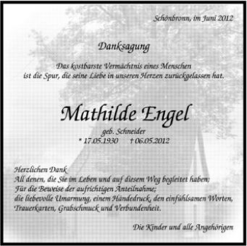 Anzeige von Mathilde eNGEL von Schwäbische Zeitung