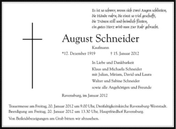 Anzeige von August Schneider von Schwäbische Zeitung
