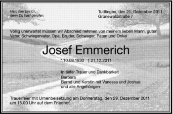 Anzeige von Josef Emmerich von Schwäbische Zeitung