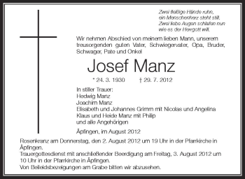 Anzeige von Josef Manz von Schwäbische Zeitung