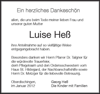 Anzeige von Luise Heß von Schwäbische Zeitung