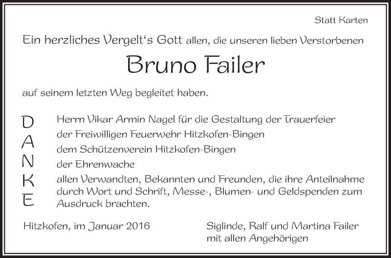  Traueranzeige für Bruno Failer vom 09.01.2016 aus Schwäbische Zeitung