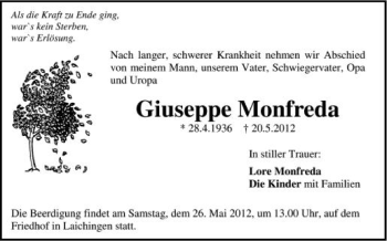 Anzeige von Giuseppe Monfreda von Schwäbische Zeitung
