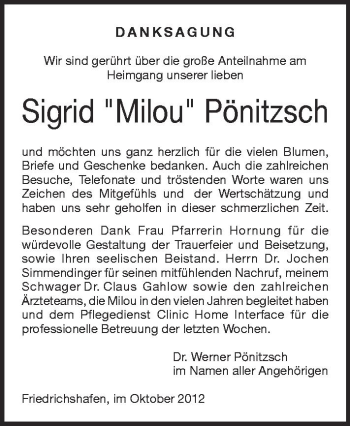 Anzeige von Sigrid Pönitzsch von Schwäbische Zeitung