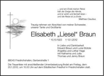 Anzeige von Elisabeth Braun von Schwäbische Zeitung
