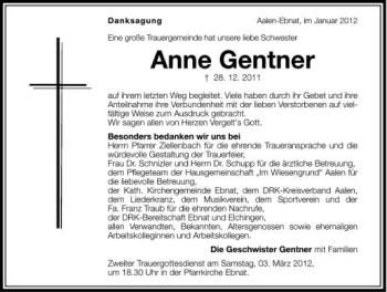 Anzeige von Anne Gentner von Schwäbische Zeitung