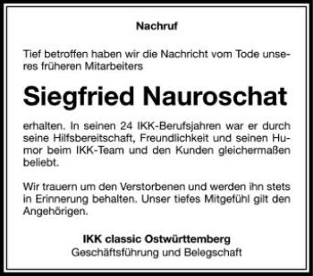 Anzeige von Siegfried Nauroschat von Schwäbische Zeitung