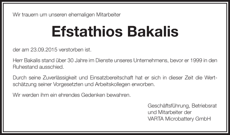  Traueranzeige für Efstathios Bakalis vom 26.09.2015 aus Schwäbische Zeitung