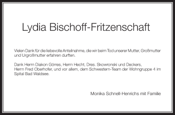 Anzeige von Lydia Bischoff-Fritzenschaft von Schwäbische Zeitung
