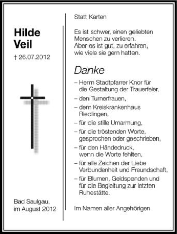 Anzeige von Hilde Veil von Schwäbische Zeitung