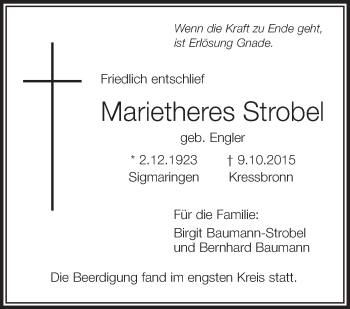 Traueranzeigen Von Marietheres Strobel Schwaebische De Trauerportal