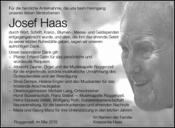 Anzeige von Josef Haas von Schwäbische Zeitung