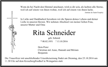 Anzeige von Rita Schneider von Schwäbische Zeitung