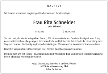 Anzeige von Rita Schneider von Schwäbische Zeitung