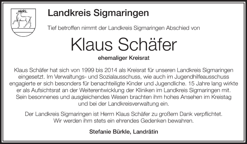  Traueranzeige für Klaus Schäfer vom 24.10.2016 aus Schwäbische Zeitung
