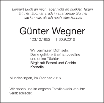 Anzeige von Günter Wegner von Schwäbische Zeitung