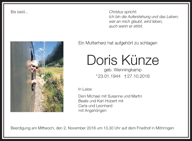  Traueranzeige für Doris Künze vom 31.10.2016 aus Schwäbische Zeitung