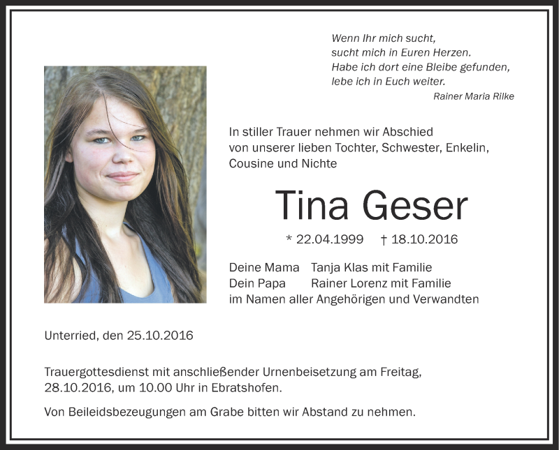  Traueranzeige für Tina Geser vom 25.10.2016 aus Schwäbische Zeitung
