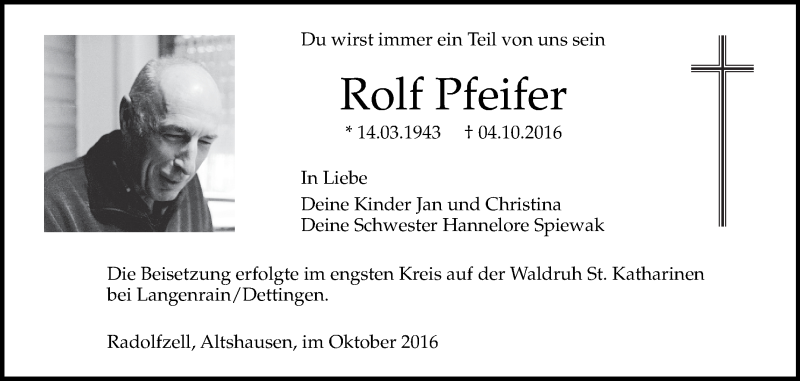  Traueranzeige für Rolf Pfeifer vom 27.10.2016 aus Schwäbische Zeitung