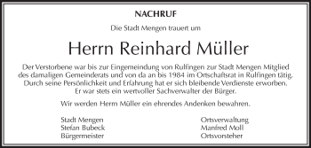 Anzeige von Reinhard Müller von Schwäbische Zeitung