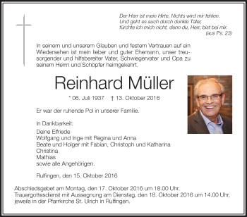 Anzeige von Reinhard Müller von Schwäbische Zeitung