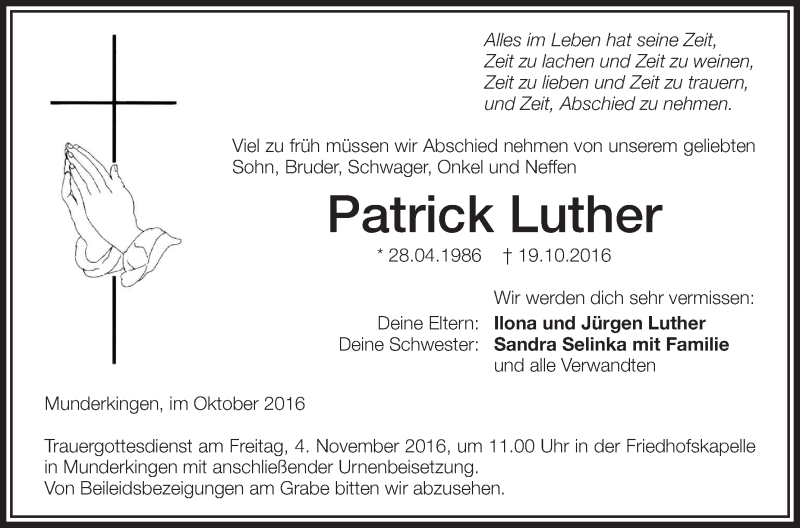  Traueranzeige für Patrick Luther vom 31.10.2016 aus Schwäbische Zeitung