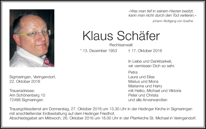 Traueranzeige für Klaus Schäfer vom 22.10.2016 aus Schwäbische Zeitung