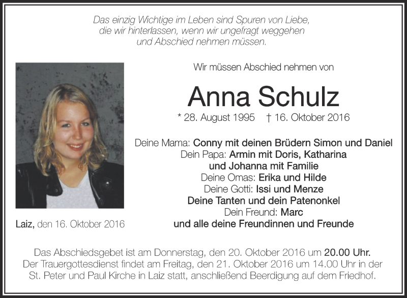  Traueranzeige für Anna Schulz vom 19.10.2016 aus Schwäbische Zeitung