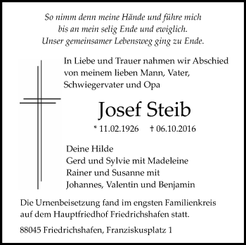 Anzeige von Josef Steib von Schwäbische Zeitung