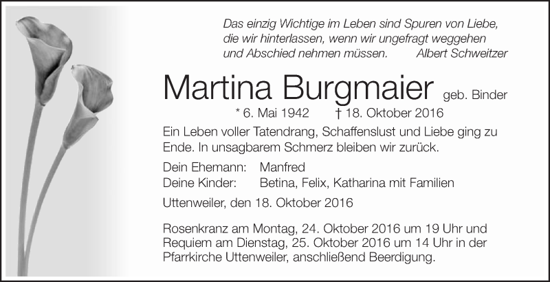 Traueranzeige für Martina Burgmaier vom 22.10.2016 aus Schwäbische Zeitung