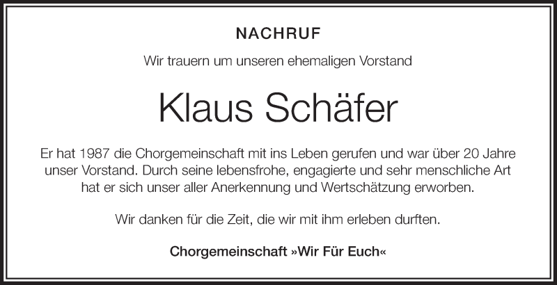  Traueranzeige für Klaus Schäfer vom 22.10.2016 aus Schwäbische Zeitung