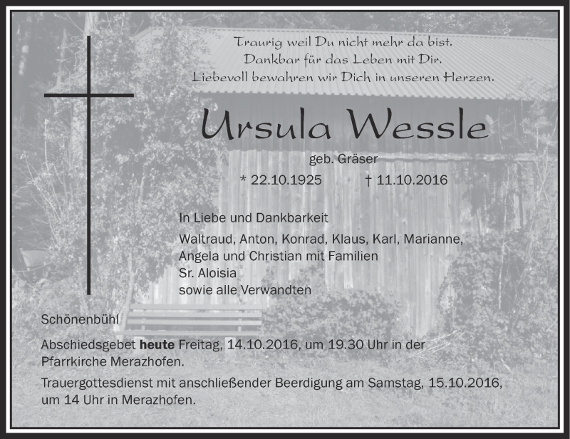 Traueranzeige für Ursula Wessle vom 14.10.2016 aus Schwäbische Zeitung