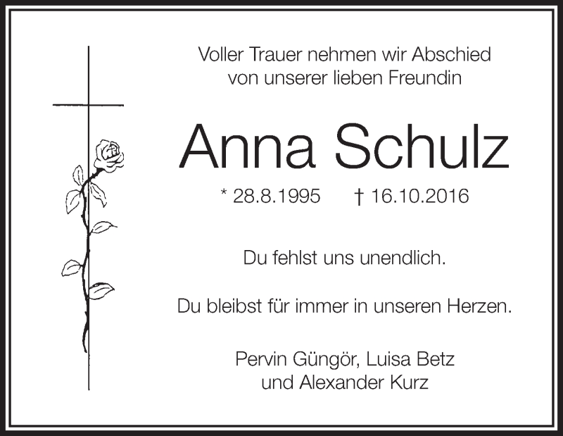  Traueranzeige für Anna Schulz vom 22.10.2016 aus Schwäbische Zeitung
