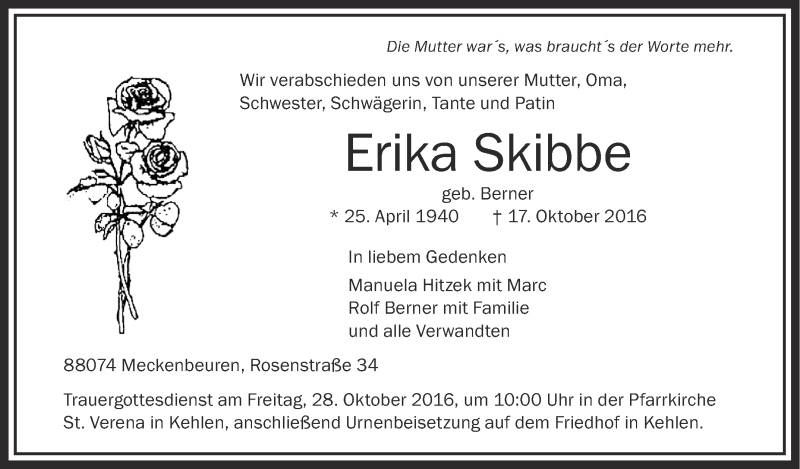  Traueranzeige für Erika Skibbe vom 25.10.2016 aus Schwäbische Zeitung