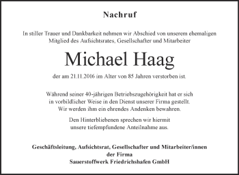 Anzeige von Michael Haag von Schwäbische Zeitung