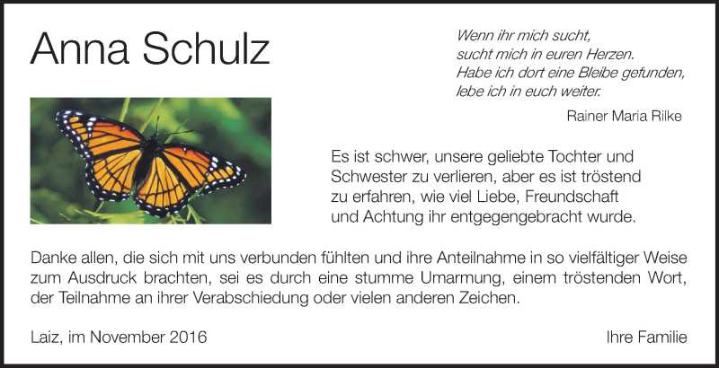  Traueranzeige für Anna Schulz vom 12.11.2016 aus Schwäbische Zeitung