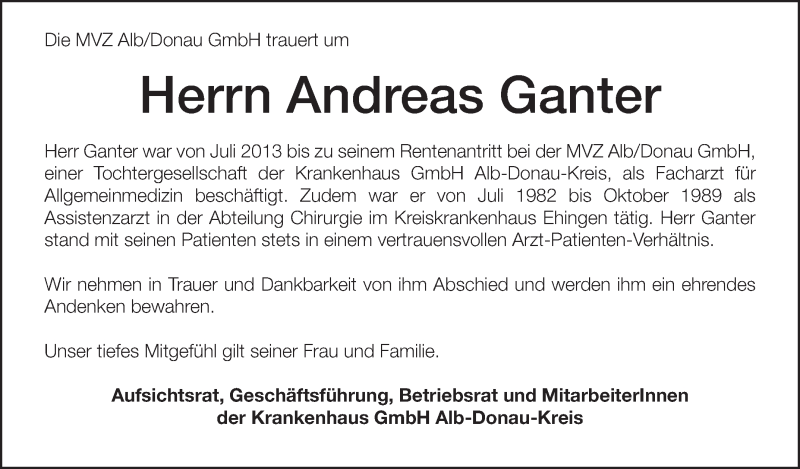 Traueranzeige für Andreas Ganter vom 30.11.2016 aus Schwäbische Zeitung