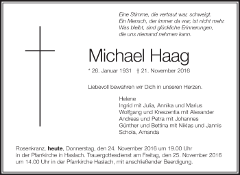 Anzeige von Michael Haag von Schwäbische Zeitung