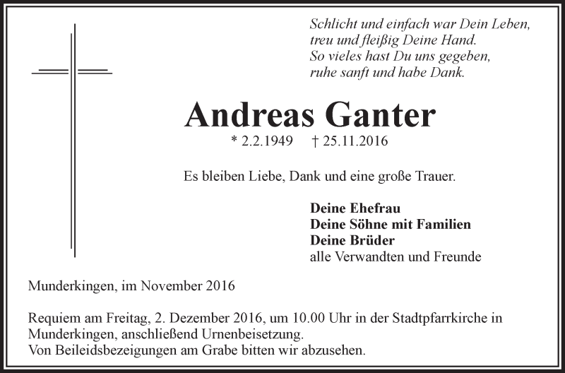  Traueranzeige für Andreas Ganter vom 29.11.2016 aus Schwäbische Zeitung