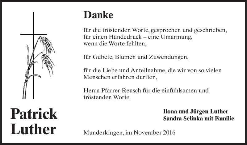  Traueranzeige für Patrick Luther vom 12.11.2016 aus Schwäbische Zeitung