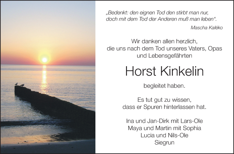  Traueranzeige für Horst Kinkelin vom 05.11.2016 aus Schwäbische Zeitung
