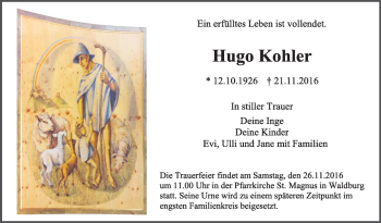 Anzeige von Hugo Kohler von Schwäbische Zeitung