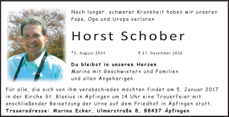  Traueranzeige für Horst Schober vom 24.12.2016 aus Schwäbische Zeitung