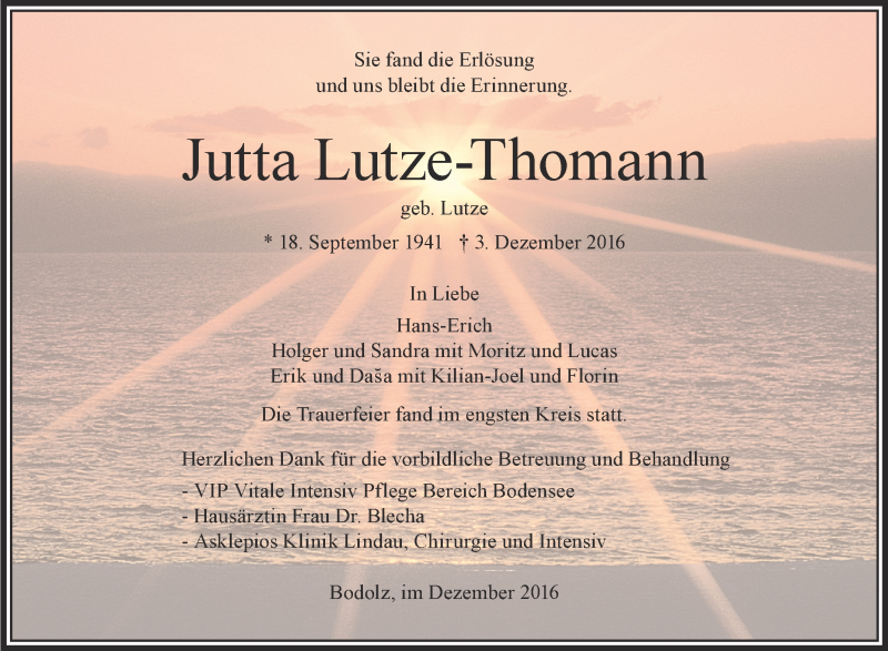  Traueranzeige für Jutta Lutze-Thomann vom 17.12.2016 aus Schwäbische Zeitung